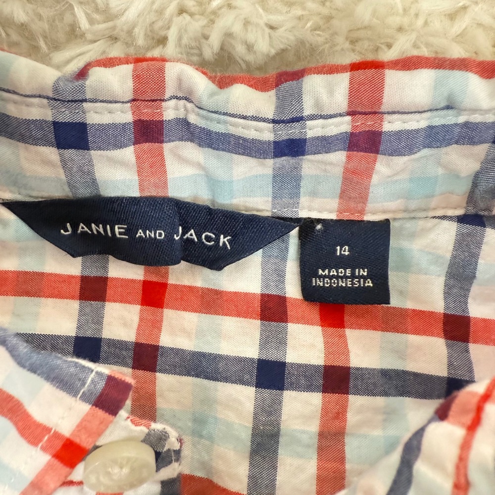 Janie & Jack Boy's 14 Red Blue Plaid SS Button Shirt Patriotic American Poplin - Picture 3 of 11